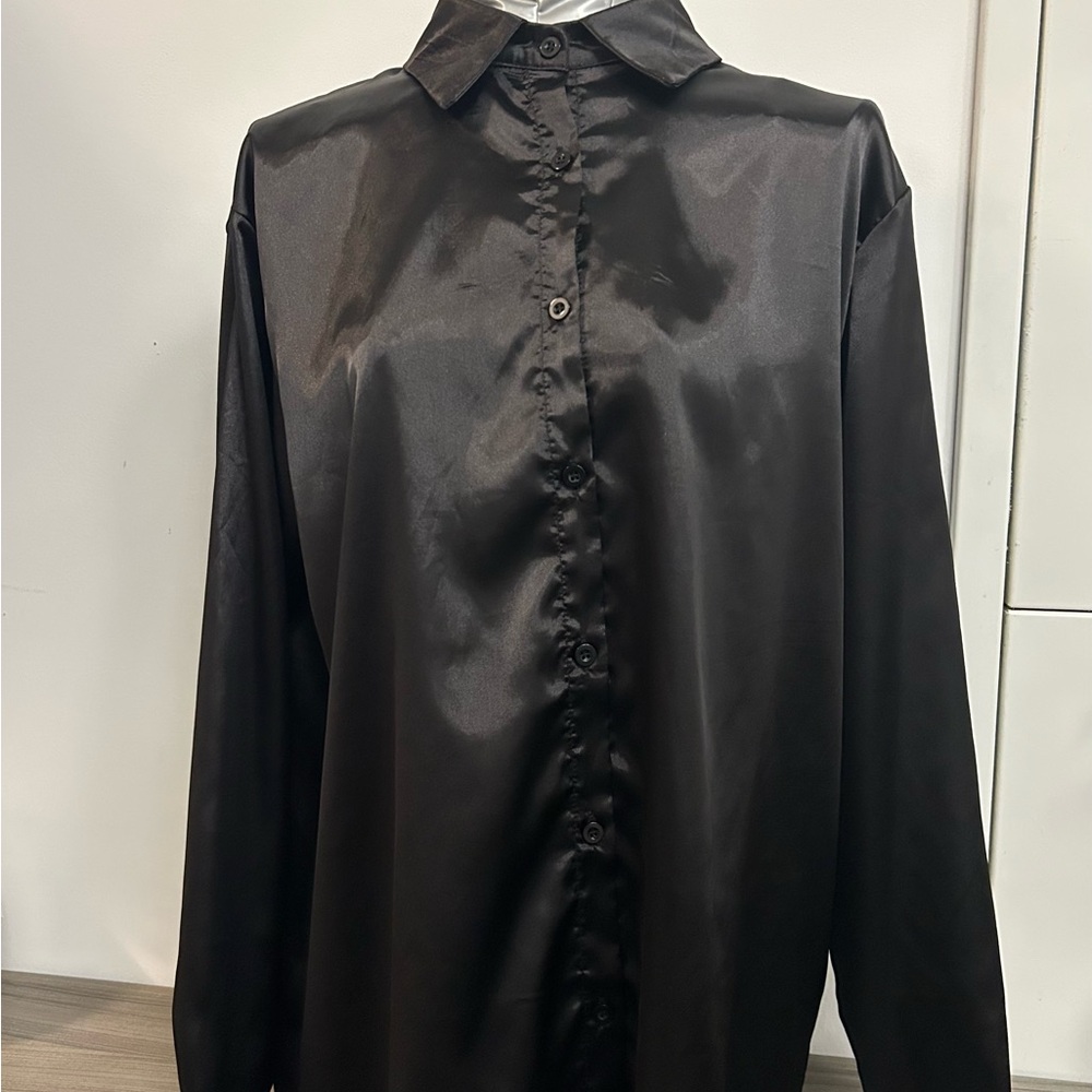NWOT - Black Satin Button-Up Shirt